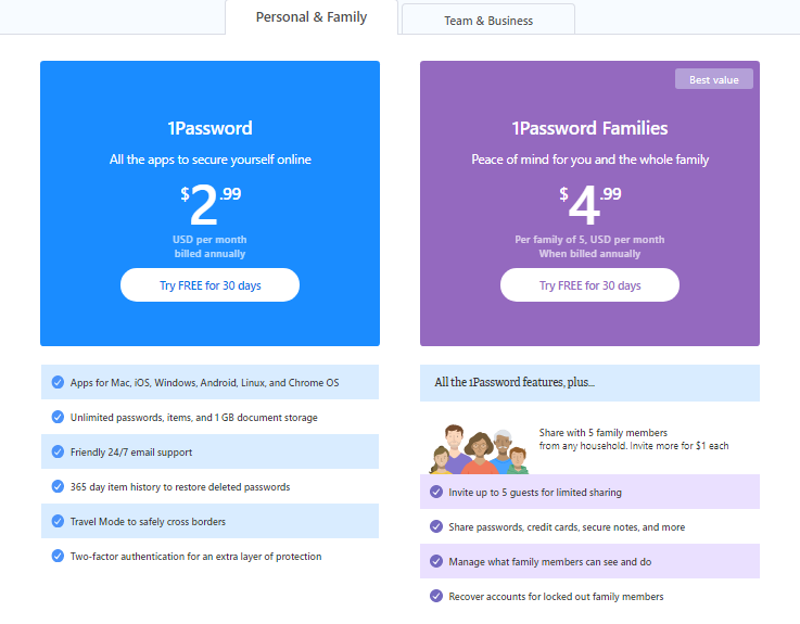 1password pricing plans for personal team family enterprise