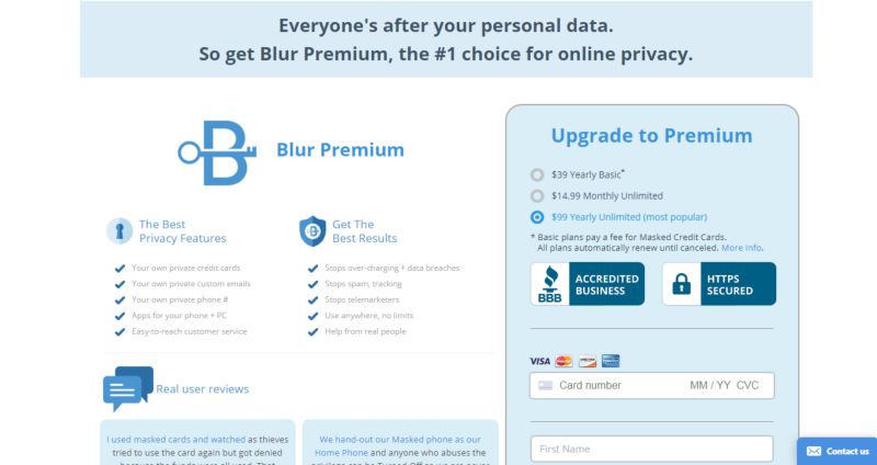 Blur password manager pricing plan