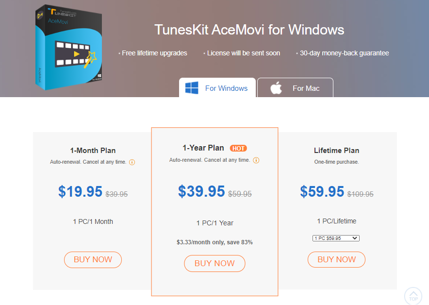 pricing plans for TunesKit AceMovi for Windows