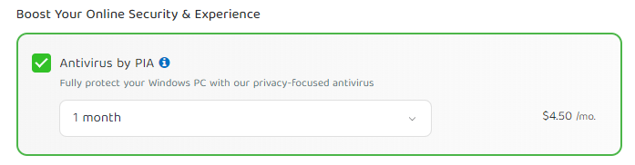 Antivirus by PIA (add-on) costs