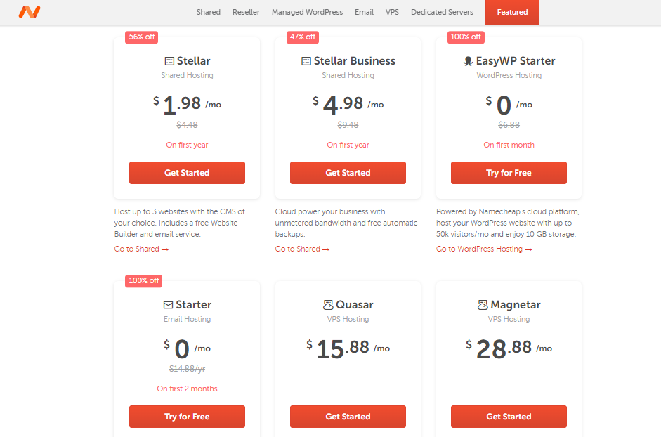 NameCheap offers a variety of hosting plans