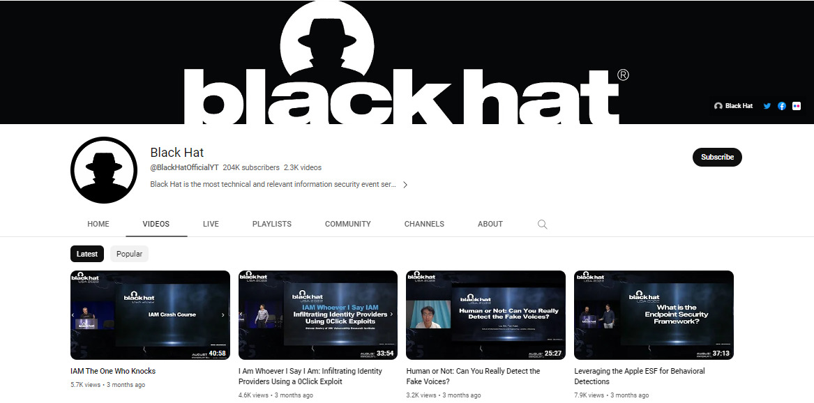 Black Hat YouTube Channel Best Cybersecurity YouTube Channels
