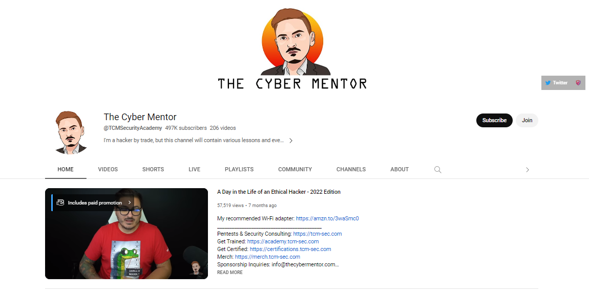 The Cyber Mentor YouTube cybersecurity channel