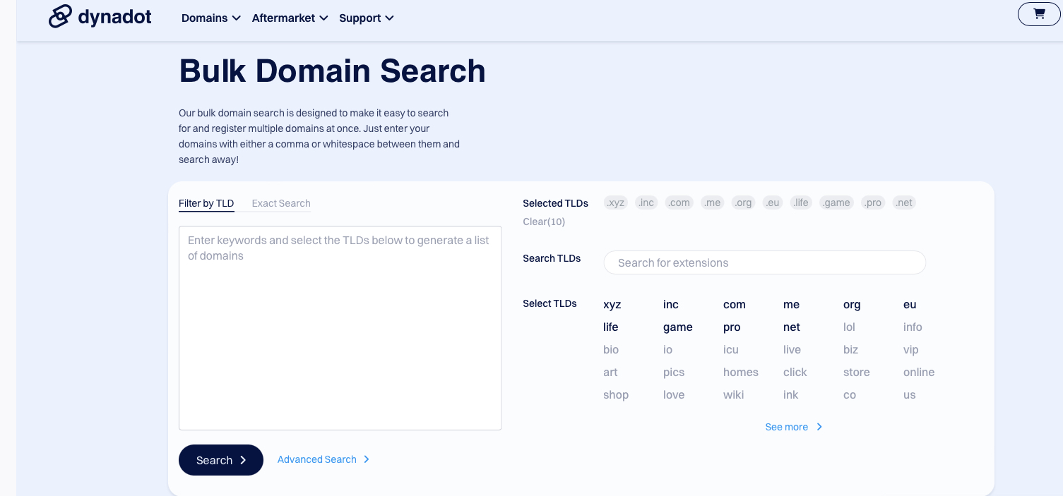 Dynadot Bulk Search tool