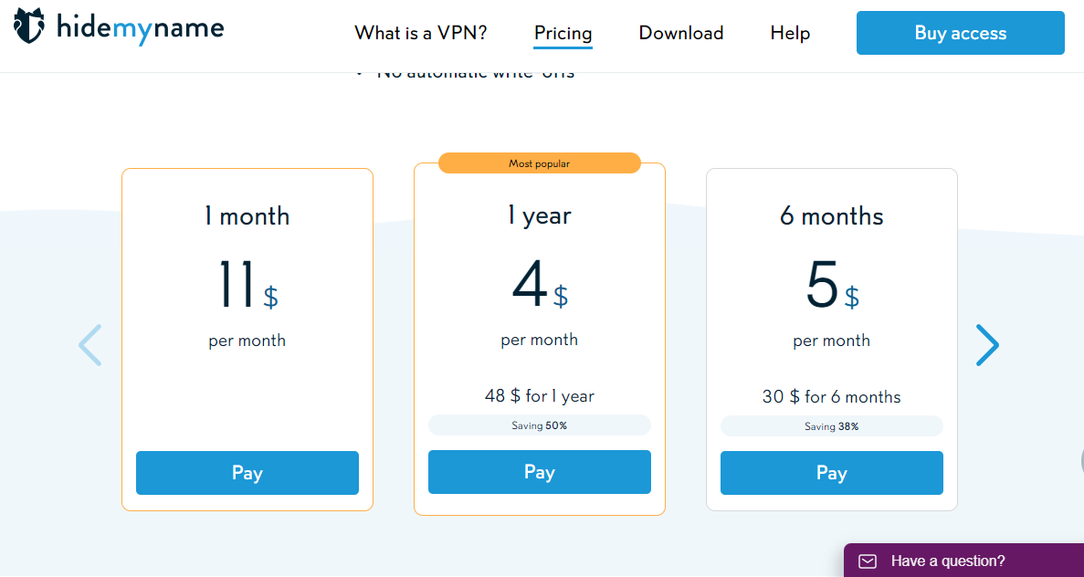 HideMyName VPN Pricing