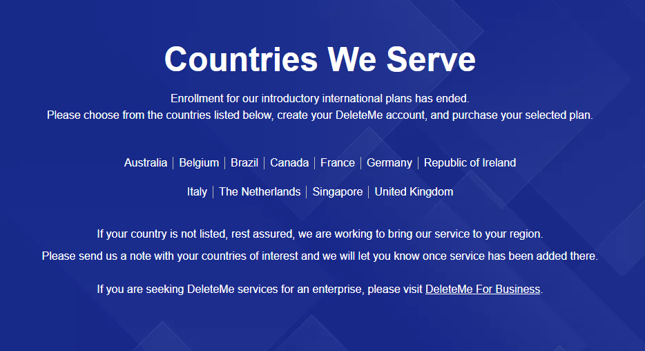 DeleteMe Available Countries