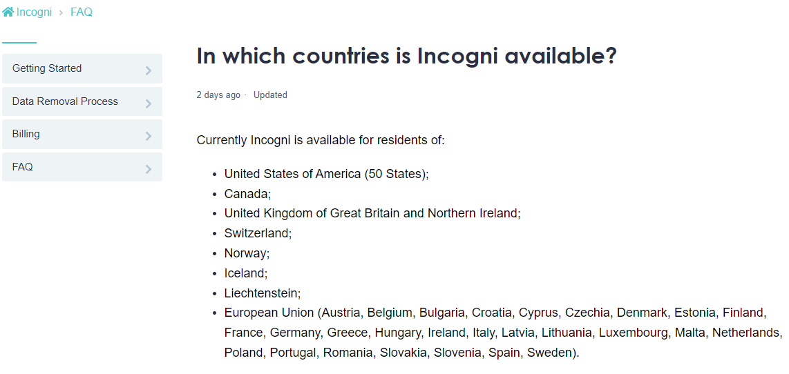 Incogni Available Countries