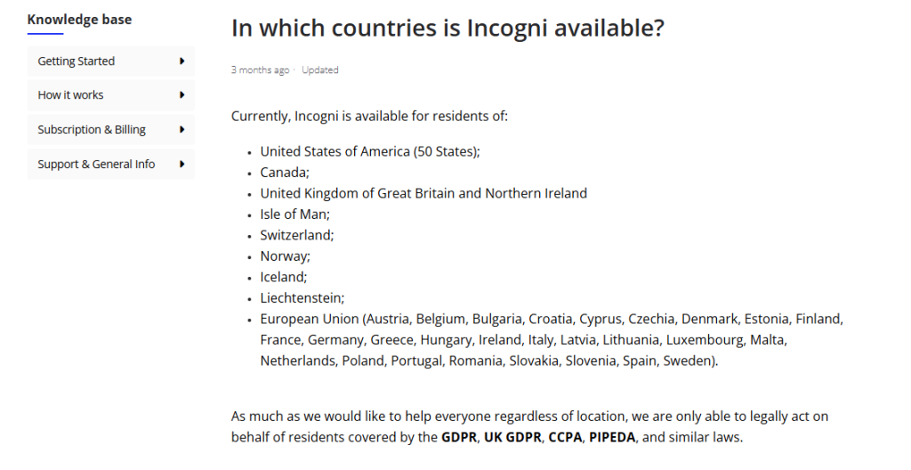 Incogni Available Countries