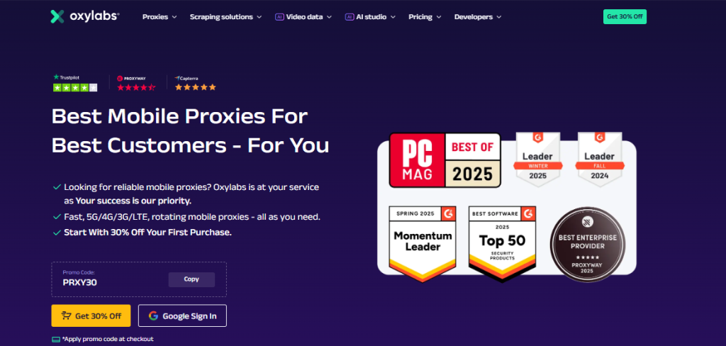 Oxylabs – Best for Enterprise-Grade Mobile Proxies