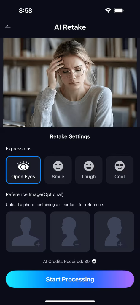 Choose open eyes start processing
