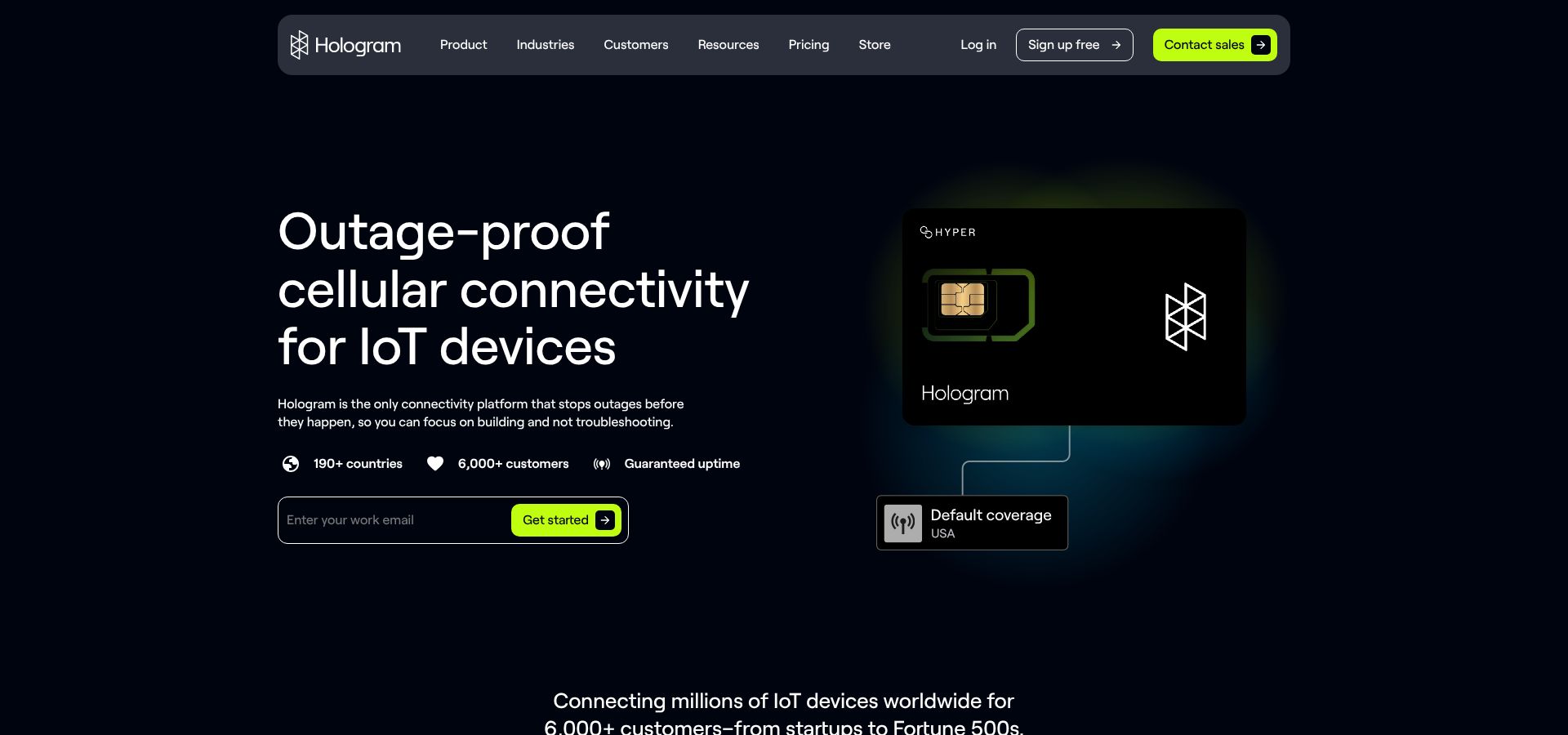 Hologram global IoT SIM and Hyper SIM product page screenshot
