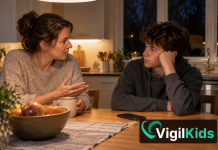 VigilKids Parental Control App Lets Parents Know About a Teen’s Late-Night Screen Time A parent and teenager talking about phone use at a kitchen table in the evening